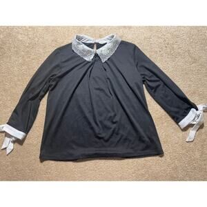 Faith and Joy Embroidered Collar Stretch 3/4 Tie Sleeve Top‎ Blouse Size S